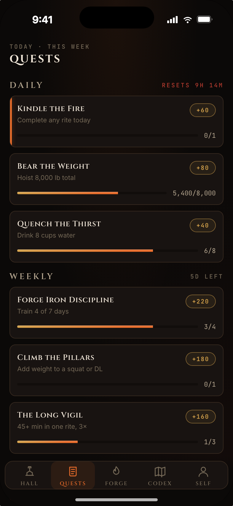 The Quest. Daily and weekly objectives with claim rewards.