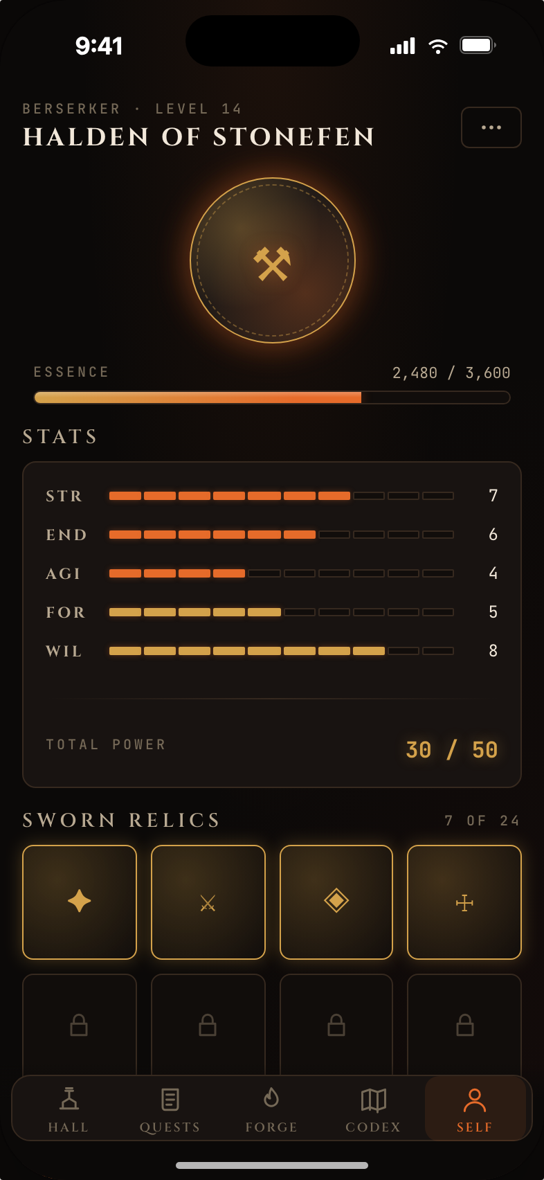 The Self page. Class sigil, Essence bar, five stats, Sworn Relics.